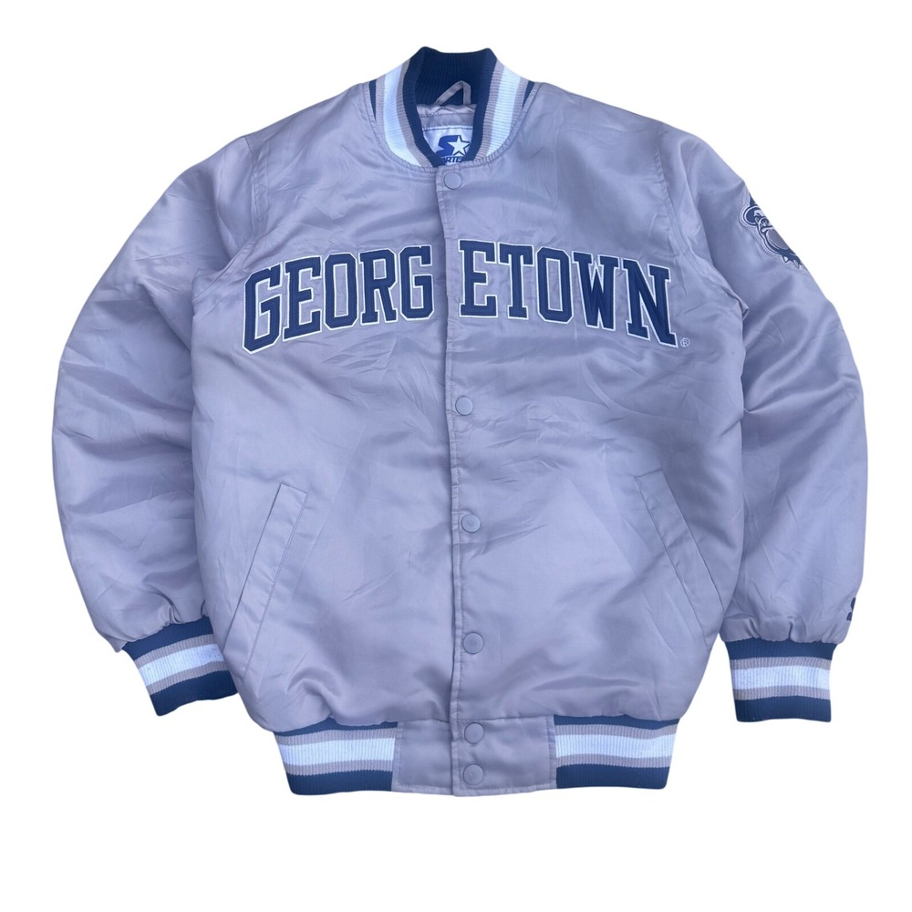 Vintage Starter Georgetown Hoyas Varsity Bomber Jacket Grey Navy Satin Snap Sz S
